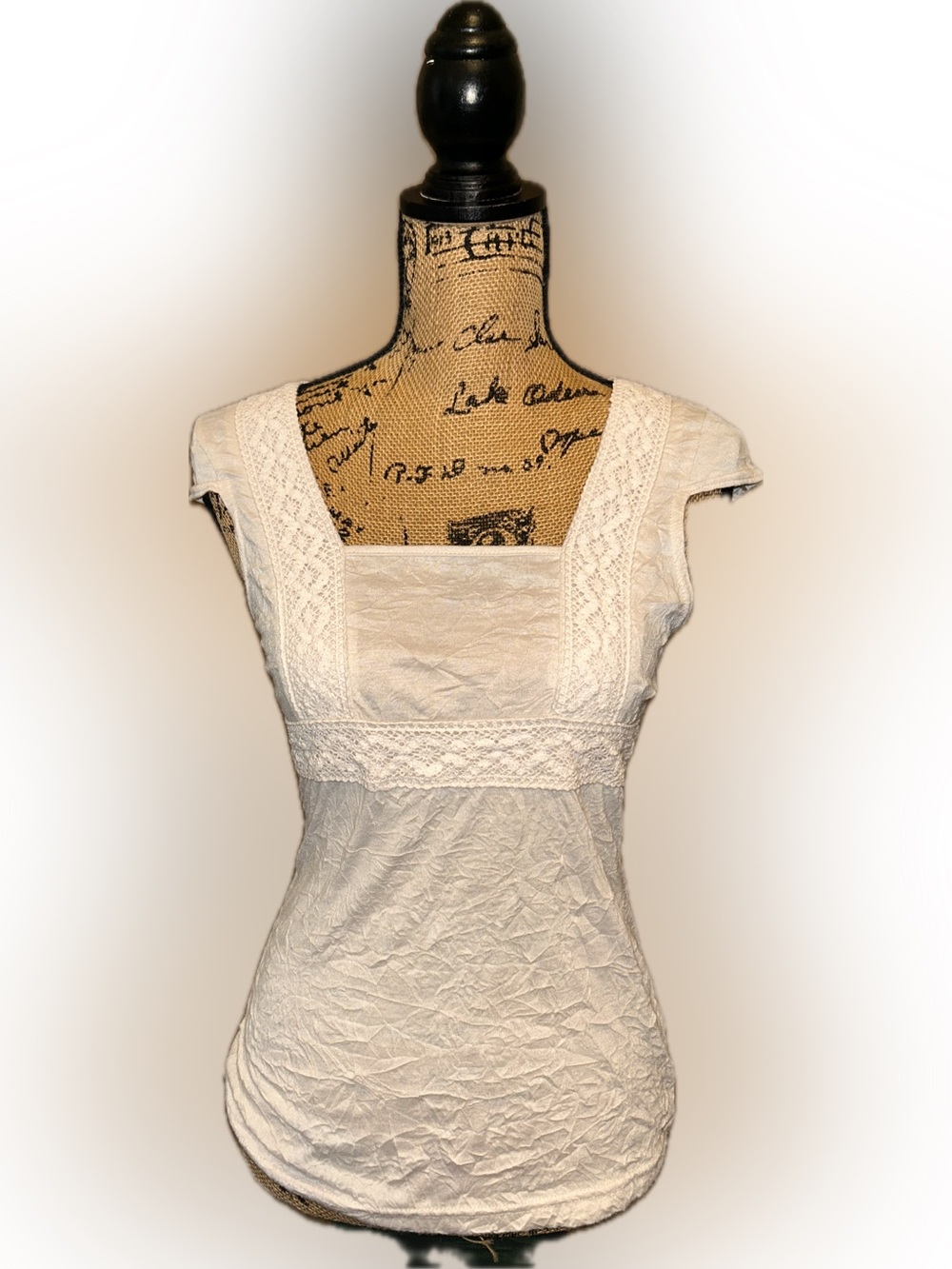 Vintage Y2K Crinkle Cream Lace Square-Neck Babydoll Fairy Cottagecore Top M